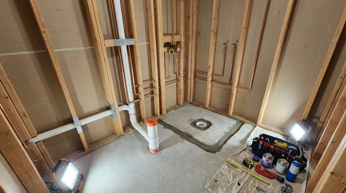 Bathroom rough-in plumbing during remodel by Johns Plumbing LLC in Saint James City
