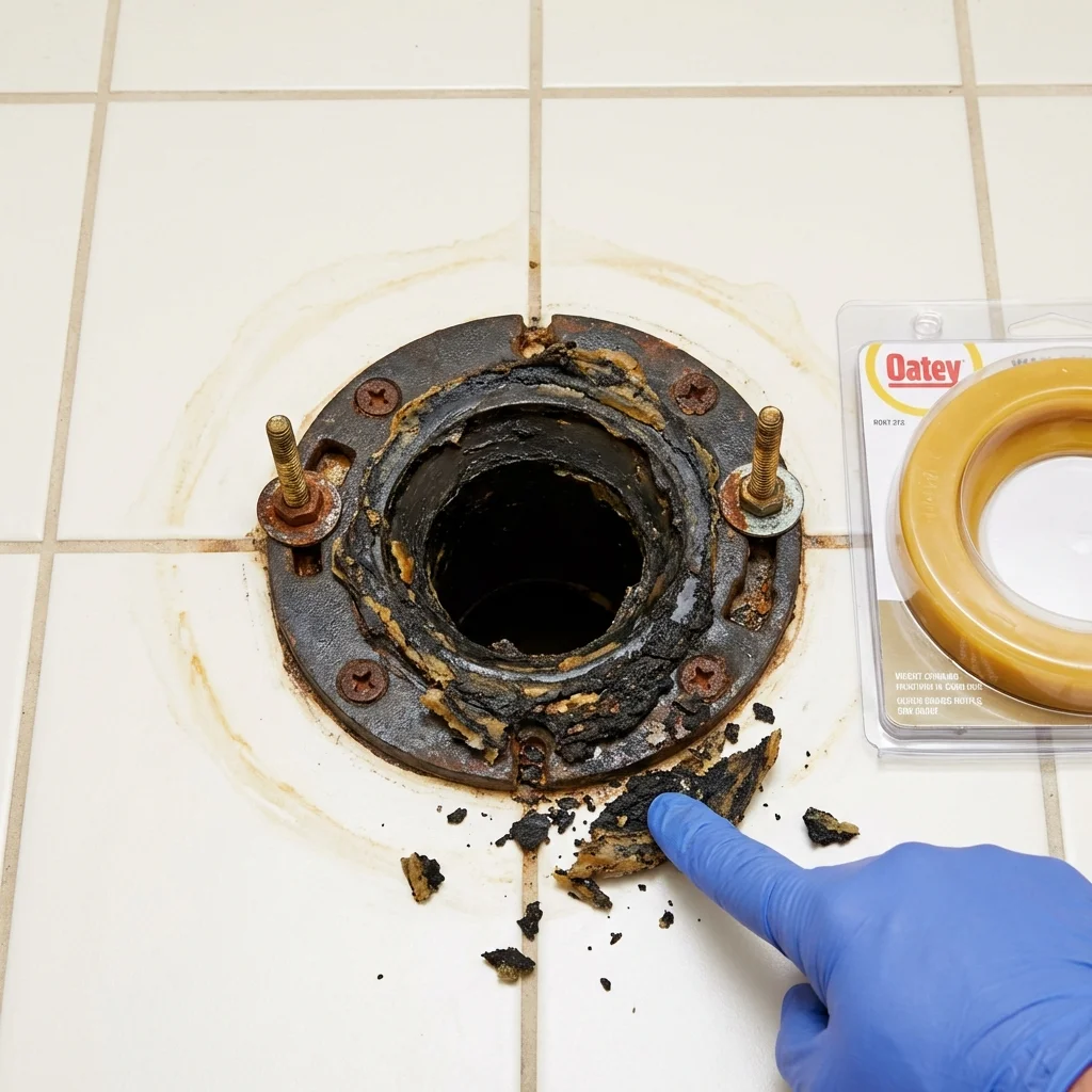 Failed wax ring showing water seepage at the base of a toilet in a Saint James City, FL home