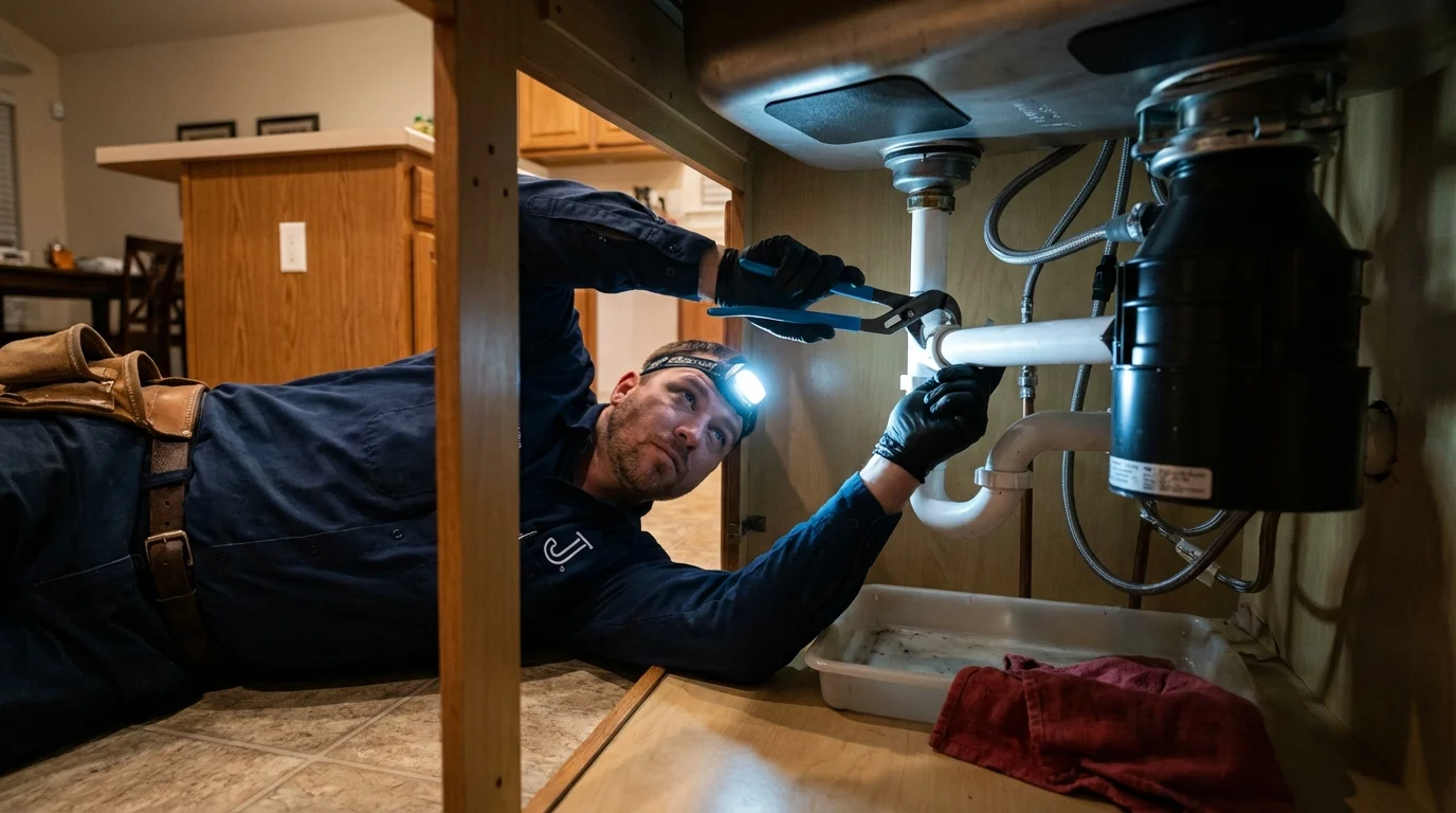 P-trap and supply line connections under a kitchen sink showing a common leak point in Saint James City, FL